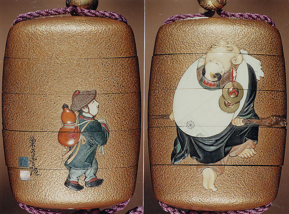 Case (Inrō) with Design of Hotei (Putai) Carrying a Small Boy (obverse); Boy Carrying Gourd-Flask (reverse), Tokoku Fuzui, Gold lacquer with ivory and wood inlay; Netsuke: ivory and lacquered wood figure, Ojime: gold bead with face of Daikoku, god of good fortune, Japan 