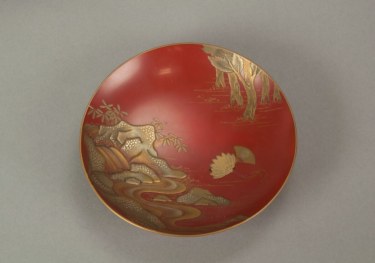Sake Cup with Scenes from the Noh Plays Pine in the Winds, Yōrō Falls, and The Tengu of Mount Kurama, Shomosai (Japanese, active late 18th–early 19th century), Lacquered wood with gold and silver hiramaki-e and takamaki-e and cutout gold- and silver-foil application, Japan