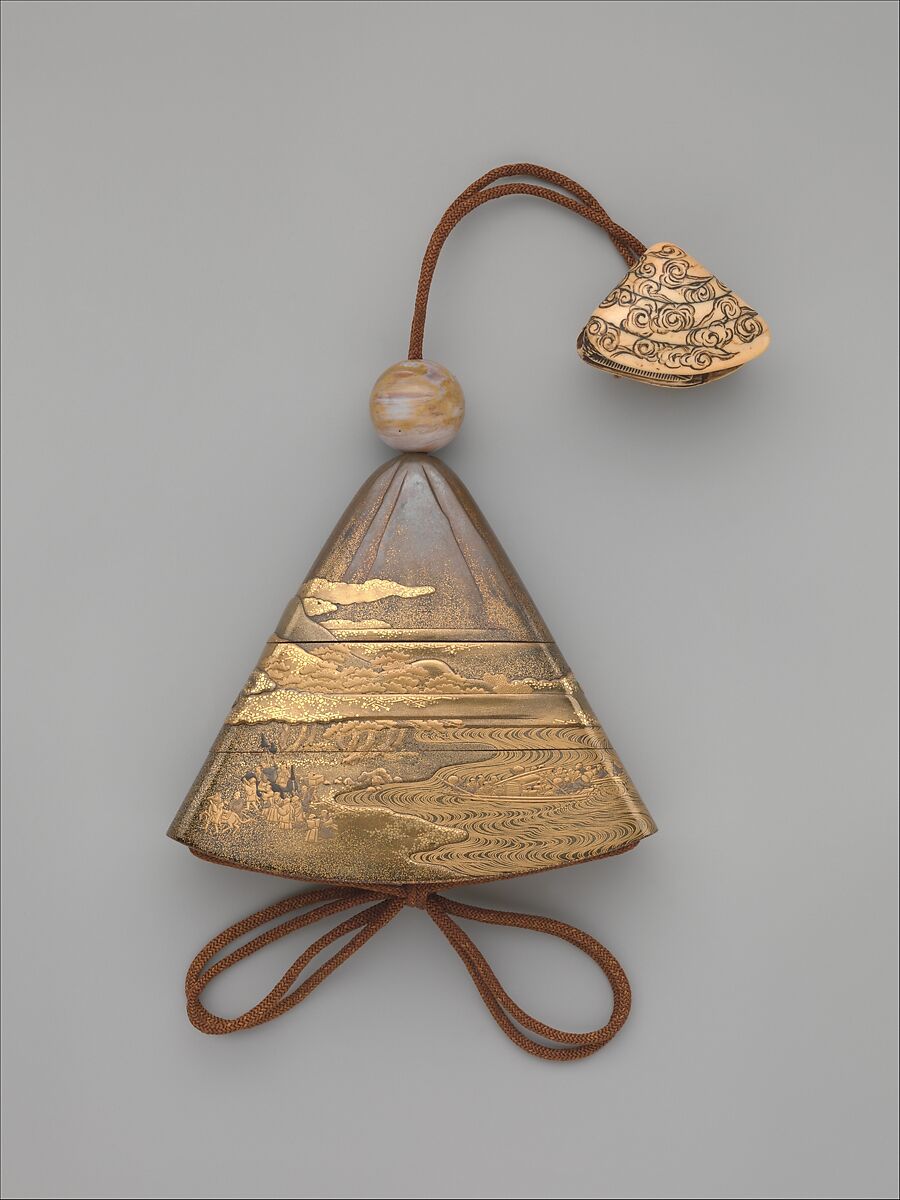 Inrō in the Shape of Mount Fuji with a Crossing Ferry and Procession, Maki-e by Kajikawa (Japanese, 1652–1724), Two cases; lacquered wood with gold and silver takamaki-e, hiramaki-e, togidashimaki-e, cut-out gold foil on nashiji lacquer groundNetsuke: ivory; Ryūgūjō (The Dragon King's undersea palace) in a clamOjime: agate bead, Japan 