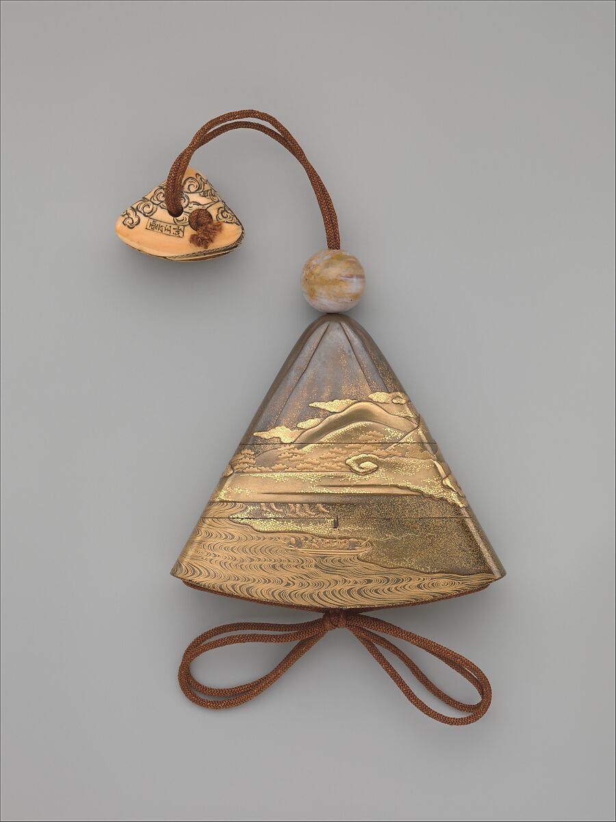 Inrō in the Shape of Mount Fuji with a Crossing Ferry and Procession, Maki-e by Kajikawa (Japanese, 1652–1724), Two cases; lacquered wood with gold and silver takamaki-e, hiramaki-e, togidashimaki-e, cut-out gold foil on nashiji lacquer groundNetsuke: ivory; Ryūgūjō (The Dragon King's undersea palace) in a clamOjime: agate bead, Japan