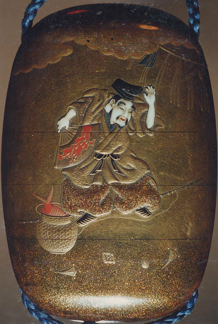 Case (Inrō) with Design of Ebisu and Daikoku Dancing beneath New Year's Decorations, Nikkōsai, Gold lacquer with gold and colored hiramkie sprinkled and polished lacquer and ivory inlay; Netsuke: polished wood button; Ojime: red lacquer bead; Interior: nashiji and fundame, Japan