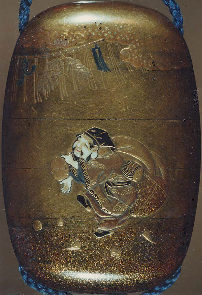 Case (Inrō) with Design of Ebisu and Daikoku Dancing beneath New Year's Decorations, Nikkōsai, Gold lacquer with gold and colored hiramkie sprinkled and polished lacquer and ivory inlay; Netsuke: polished wood button; Ojime: red lacquer bead; Interior: nashiji and fundame, Japan