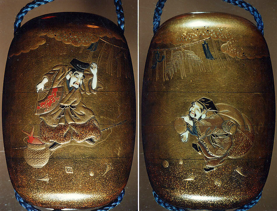 Case (Inrō) with Design of Ebisu and Daikoku Dancing beneath New Year's Decorations, Nikkōsai, Gold lacquer with gold and colored hiramkie sprinkled and polished lacquer and ivory inlay; Netsuke: polished wood button; Ojime: red lacquer bead; Interior: nashiji and fundame, Japan 
