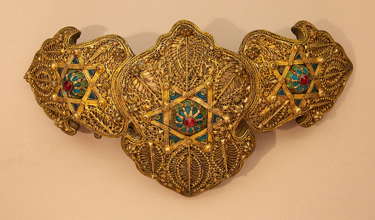 Girdle Clasp, Silver; gilded and filigreed with enamel and stones