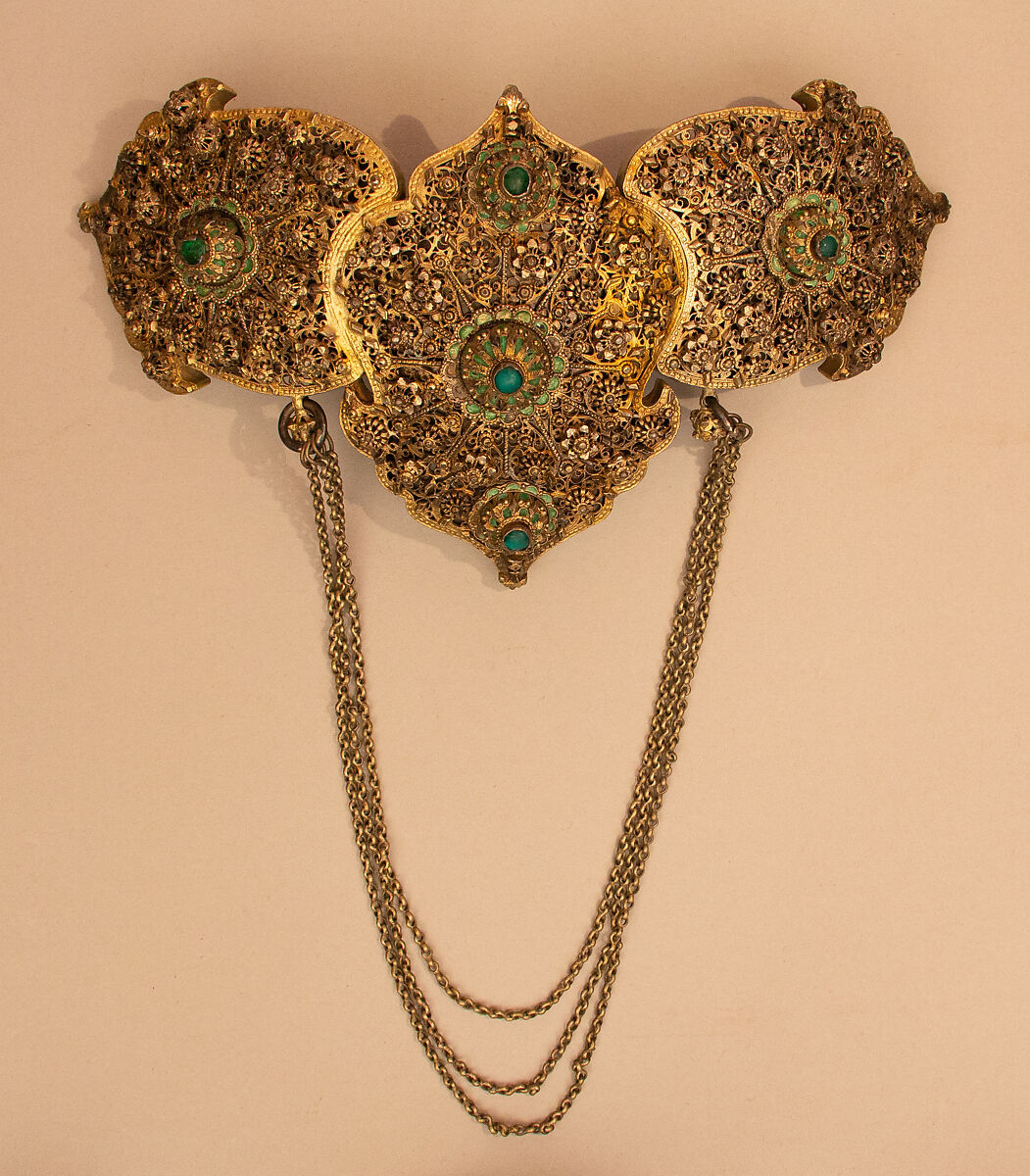 Clasp, Silver; gilded and filigreed with enamel and stones 
