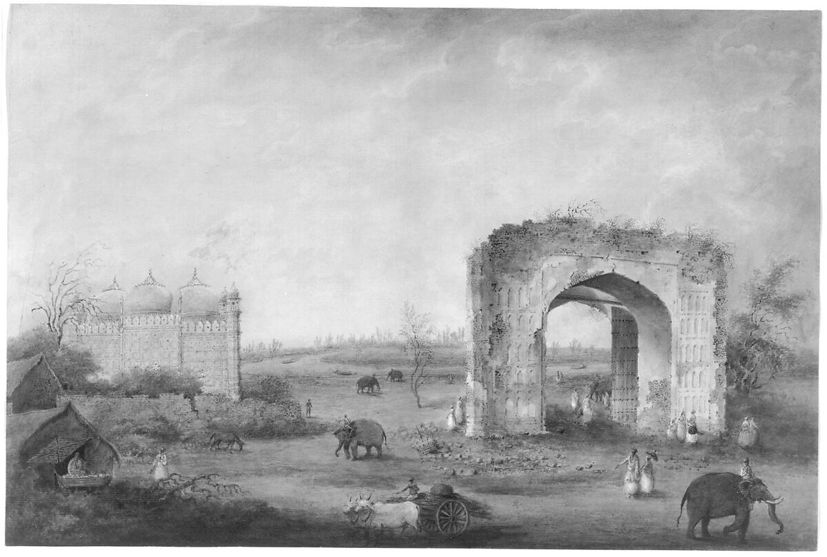 View of a Mosque and Gateway at Motijhil, Attributed to Sita Ram (Indian, active ca. 1814–23), Opaque watercolor on paper