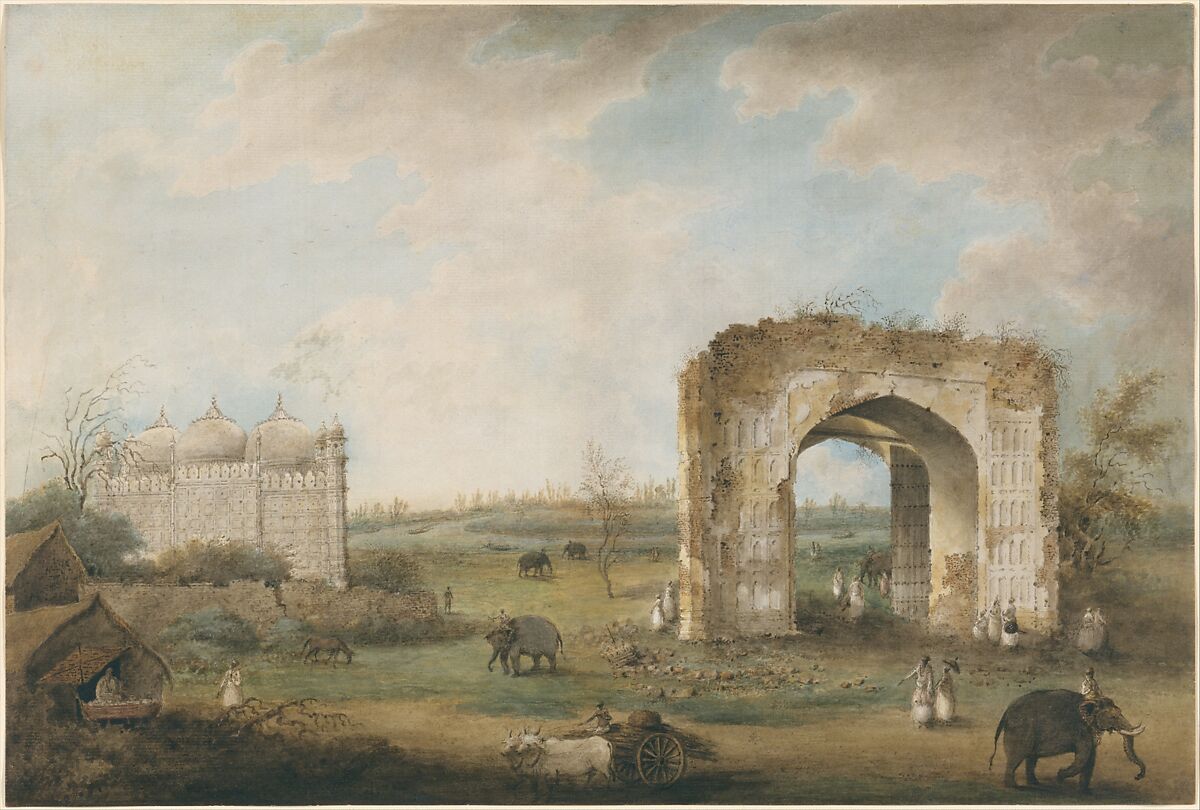 View of a Mosque and Gateway at Motijhil, Attributed to Sita Ram (Indian, active ca. 1814–23), Opaque watercolor on paper