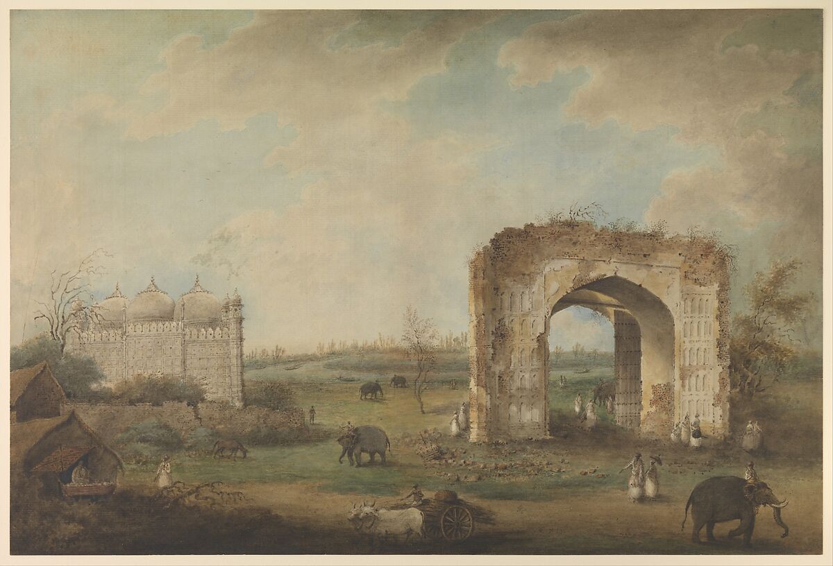 View of a Mosque and Gateway at Motijhil, Attributed to Sita Ram (Indian, active ca. 1814–23), Opaque watercolor on paper 