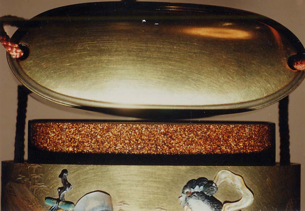 Case (Inrō) with Design of the Seven Gods of Good Fortune Fording a River, Nakayama Komin (Japanese, 1808–1870), Gold lacquer with gold hiramkie sprinkled and polished lacquer, nashiji (pear skin) lacquer, and mother-of-pearl, ivory, and wood inlay; Interior: nashiji and fundame; Netsuke: wood-framed ivory plaque with bird and flower inlay; Ojime: lacquer Daikoku's hammer, Japan