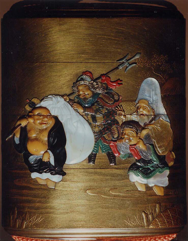 Case (Inrō) with Design of the Seven Gods of Good Fortune Fording a River, Nakayama Komin (Japanese, 1808–1870), Gold lacquer with gold hiramkie sprinkled and polished lacquer, nashiji (pear skin) lacquer, and mother-of-pearl, ivory, and wood inlay; Interior: nashiji and fundame; Netsuke: wood-framed ivory plaque with bird and flower inlay; Ojime: lacquer Daikoku's hammer, Japan