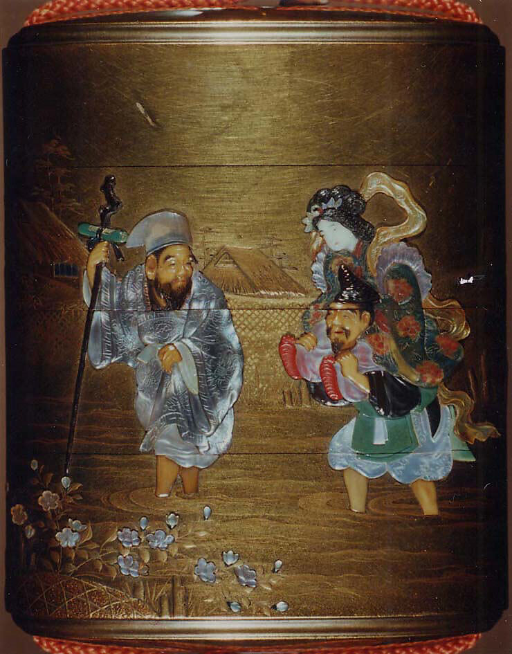 Case (Inrō) with Design of the Seven Gods of Good Fortune Fording a River, Nakayama Komin (Japanese, 1808–1870), Gold lacquer with gold hiramkie sprinkled and polished lacquer, nashiji (pear skin) lacquer, and mother-of-pearl, ivory, and wood inlay; Interior: nashiji and fundame; Netsuke: wood-framed ivory plaque with bird and flower inlay; Ojime: lacquer Daikoku's hammer, Japan