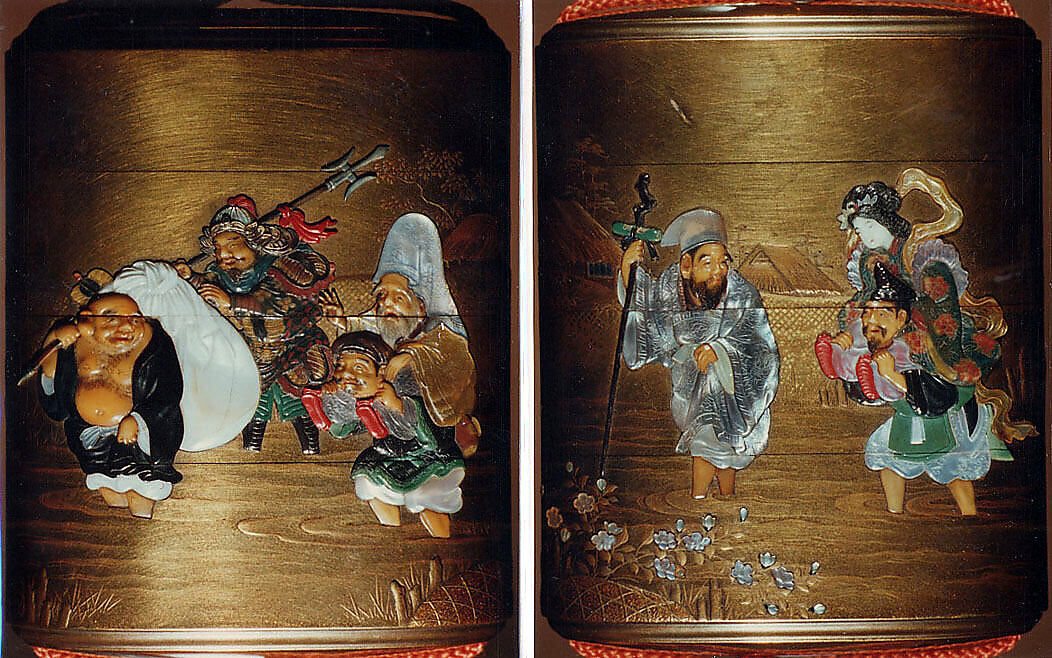 Case (Inrō) with Design of the Seven Gods of Good Fortune Fording a River, Nakayama Komin (Japanese, 1808–1870), Gold lacquer with gold hiramkie sprinkled and polished lacquer, nashiji (pear skin) lacquer, and mother-of-pearl, ivory, and wood inlay; Interior: nashiji and fundame; Netsuke: wood-framed ivory plaque with bird and flower inlay; Ojime: lacquer Daikoku's hammer, Japan 