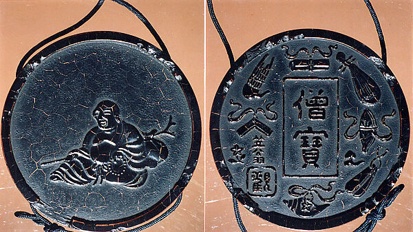 Case (Inrō) in the Shape of an Ink Stick with Design of Hotei (Putai) (obverse); Musical Instruments (reverse)