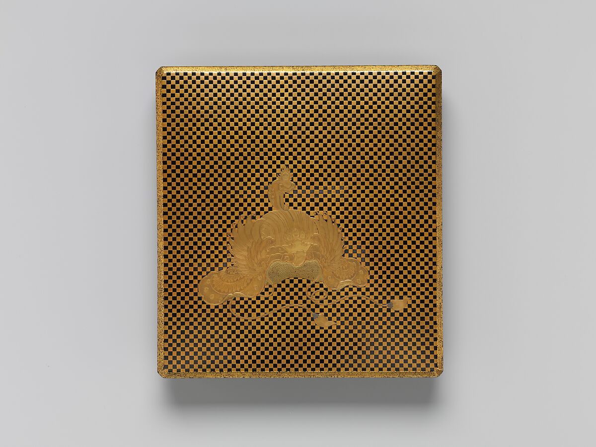 Box for Square Calligraphy Paper (shikishi-bako) with a Bugaku Helmet on Checkered Ground, Lacquered wood with gold takamaki-e, hiramaki-e, togidashimaki-e, gold foil application on black lacquer ground, Japan