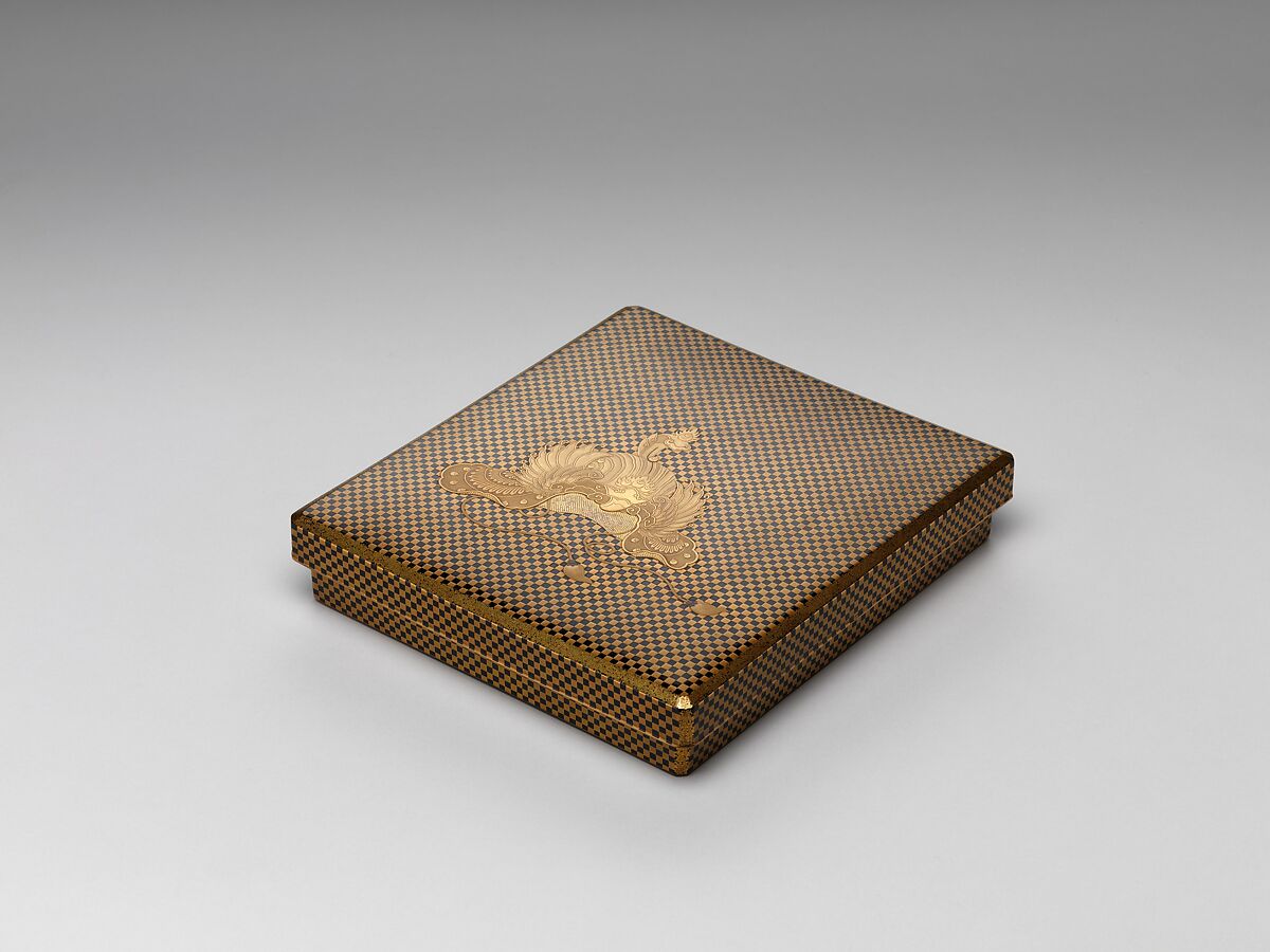 Box for Square Calligraphy Paper (shikishi-bako) with a Bugaku Helmet on Checkered Ground, Lacquered wood with gold takamaki-e, hiramaki-e, togidashimaki-e, gold foil application on black lacquer ground, Japan 