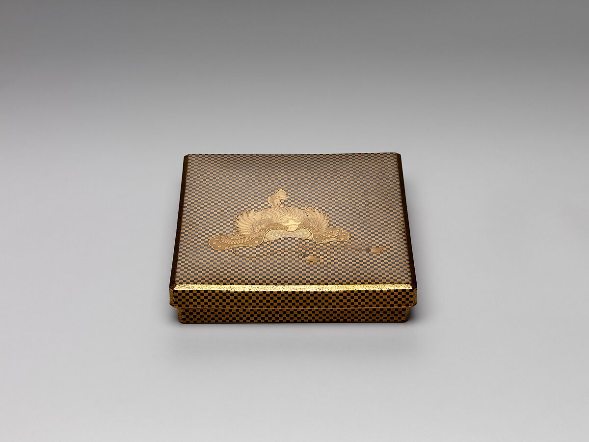 Box for Square Calligraphy Paper (shikishi-bako) with a Bugaku Helmet on Checkered Ground, Lacquered wood with gold takamaki-e, hiramaki-e, togidashimaki-e, gold foil application on black lacquer ground, Japan