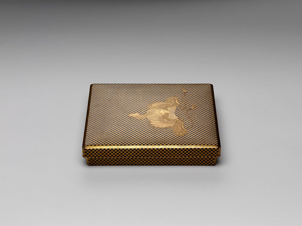 Box for Square Calligraphy Paper (shikishi-bako) with a Bugaku Helmet on Checkered Ground, Lacquered wood with gold takamaki-e, hiramaki-e, togidashimaki-e, gold foil application on black lacquer ground, Japan