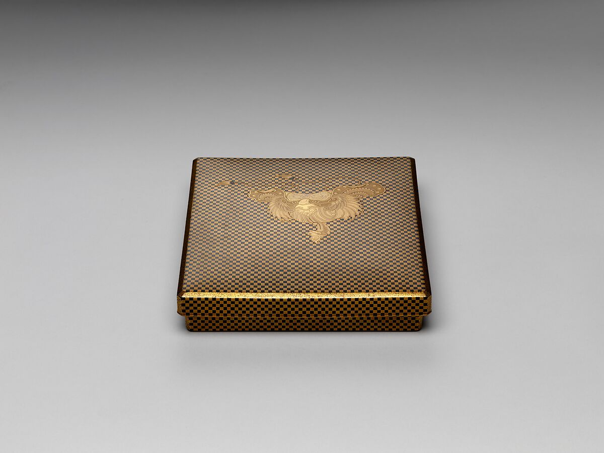 Box for Square Calligraphy Paper (shikishi-bako) with a Bugaku Helmet on Checkered Ground, Lacquered wood with gold takamaki-e, hiramaki-e, togidashimaki-e, gold foil application on black lacquer ground, Japan