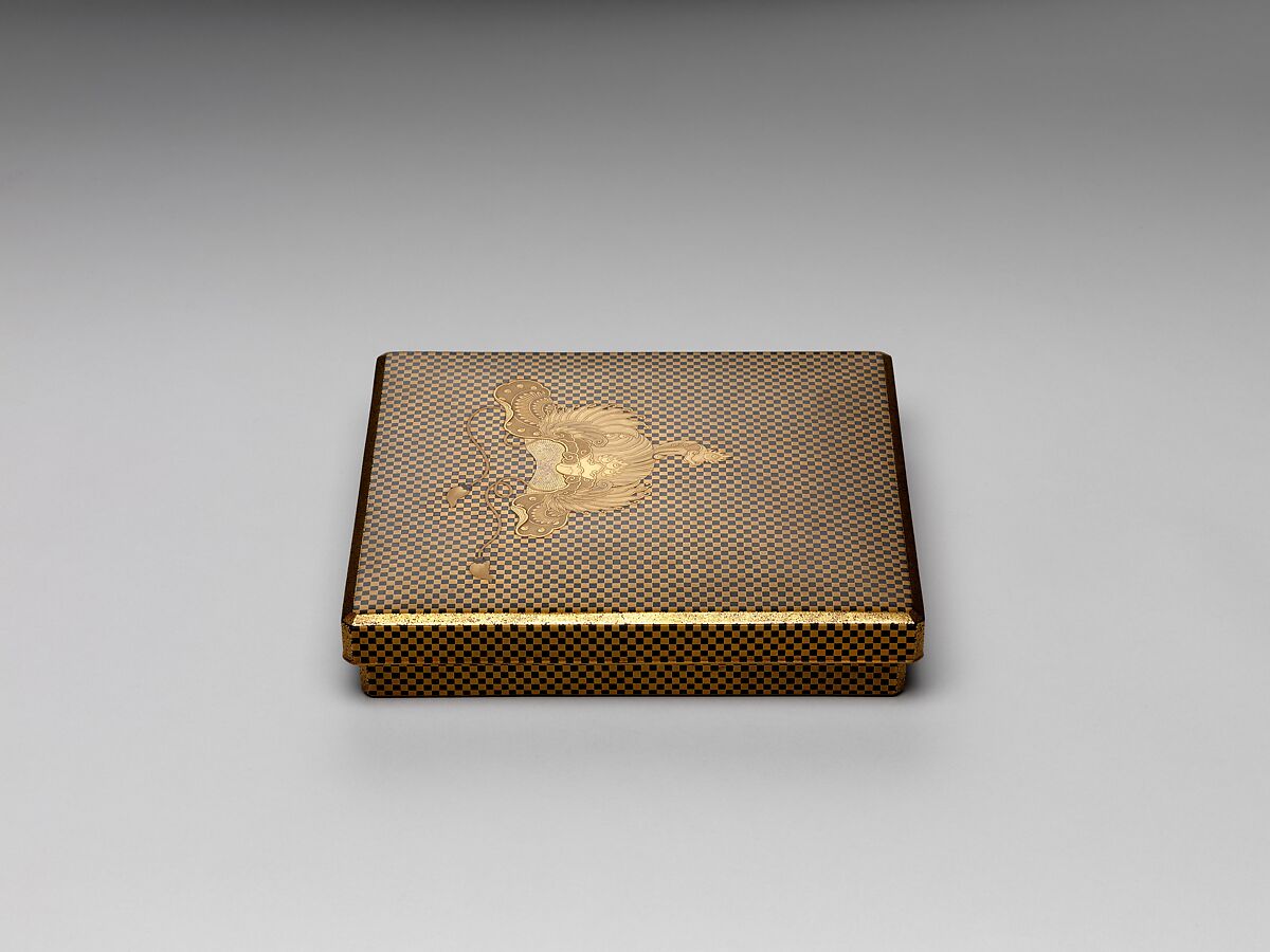 Box for Square Calligraphy Paper (shikishi-bako) with a Bugaku Helmet on Checkered Ground, Lacquered wood with gold takamaki-e, hiramaki-e, togidashimaki-e, gold foil application on black lacquer ground, Japan