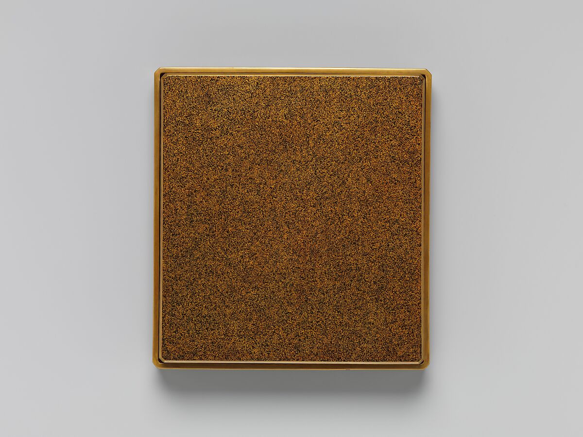 Box for Square Calligraphy Paper (shikishi-bako) with a Bugaku Helmet on Checkered Ground, Lacquered wood with gold takamaki-e, hiramaki-e, togidashimaki-e, gold foil application on black lacquer ground, Japan