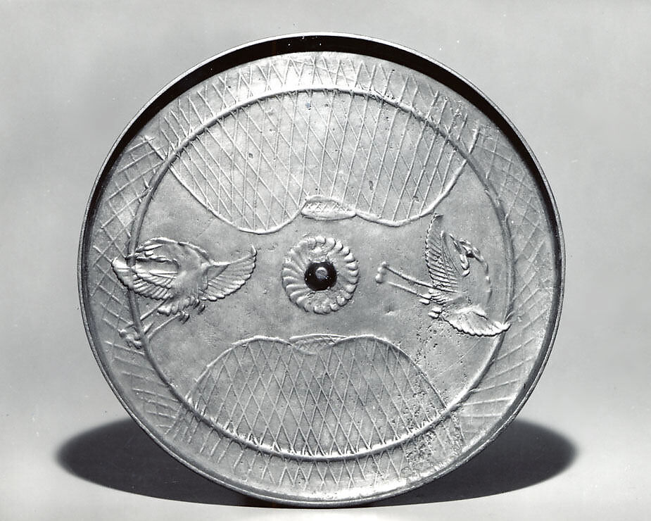 Mirror With Decoration of Flying Birds and Fishnets, Bronze, Japan