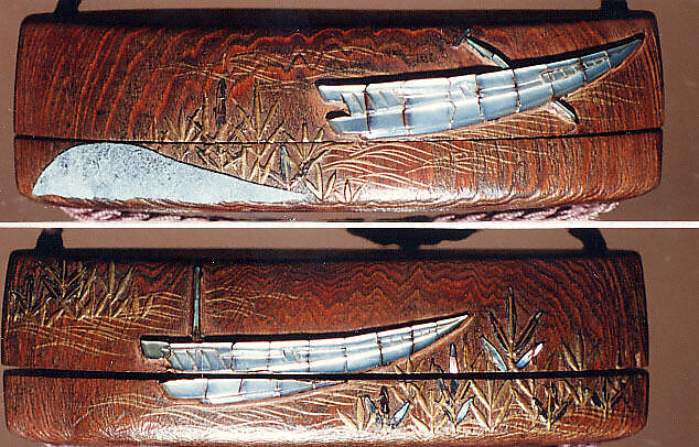 Case (Inrō) with Design of Boats, Waves and Reeds (Tale of Genji), Brushed wood with gold and silver hiramakie sprinkled and polished lacquer and pewter and mother-of-pearl inlay; Interior: plain; Ojime: quartz bead; Netsuke: carved wood badger, Japan 