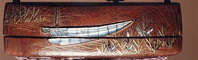 Case (Inrō) with Design of Boats, Waves and Reeds (Tale of Genji), Brushed wood with gold and silver hiramakie sprinkled and polished lacquer and pewter and mother-of-pearl inlay; Interior: plain; Ojime: quartz bead; Netsuke: carved wood badger, Japan