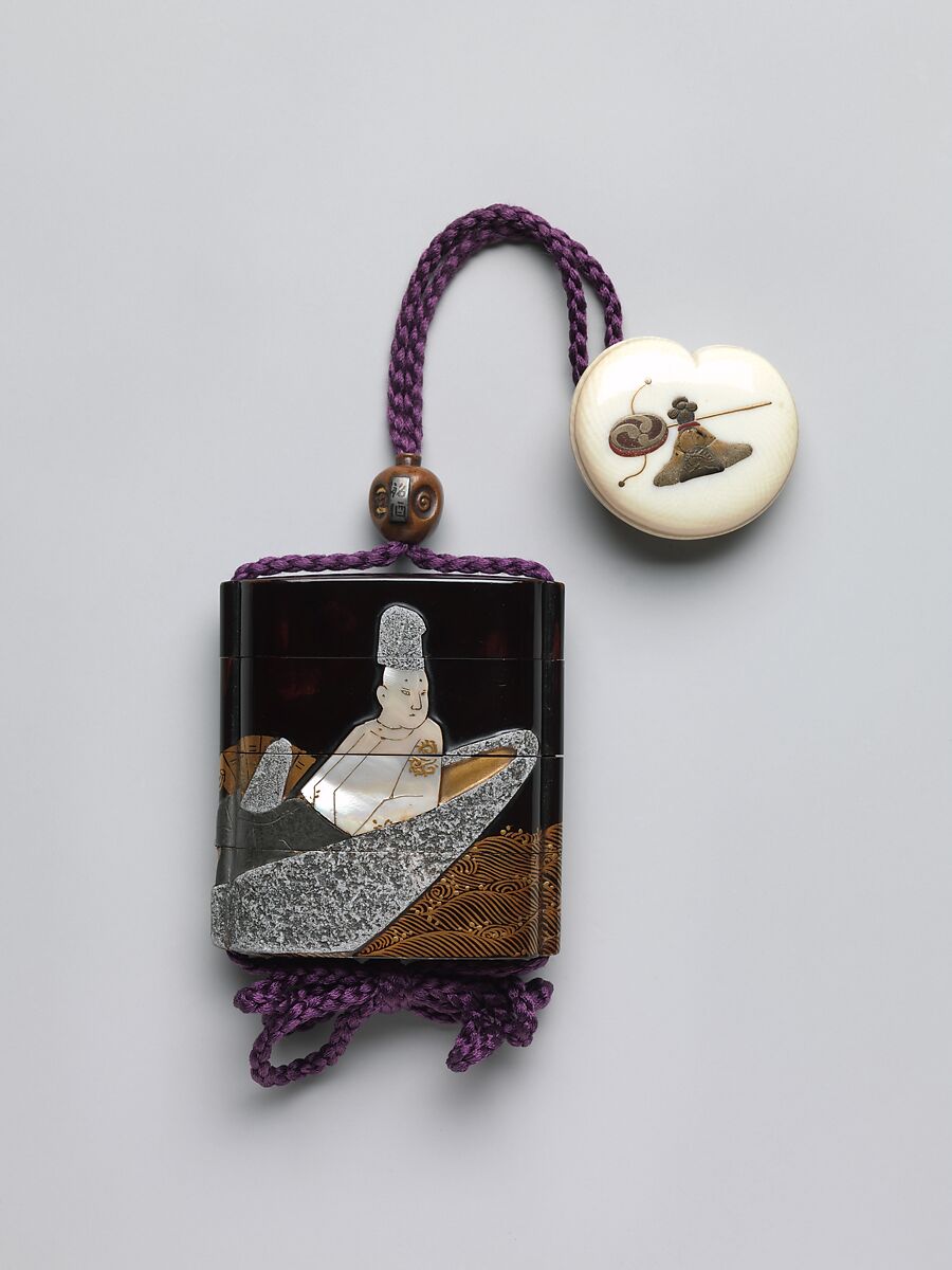 Case (Inrō) with Design of Courtier and Lady in a Boat (from the Tale of Genji), After Ogata Kōrin (Japanese, 1658–1716), Gold maki-e and mother-of-pearl inlay 
Ojime: wood-and-gilt bead in shape of sake bottle 
Netsuke: ivory with lacquer design of toys, Japan 