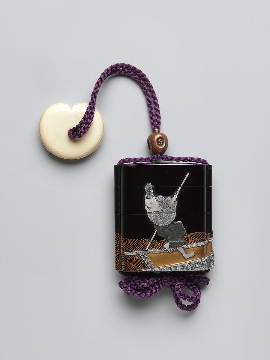 Case (Inrō) with Design of Courtier and Lady in a Boat (from the Tale of Genji), After Ogata Kōrin (Japanese, 1658–1716), Gold maki-e and mother-of-pearl inlay 
Ojime: wood-and-gilt bead in shape of sake bottle 
Netsuke: ivory with lacquer design of toys, Japan