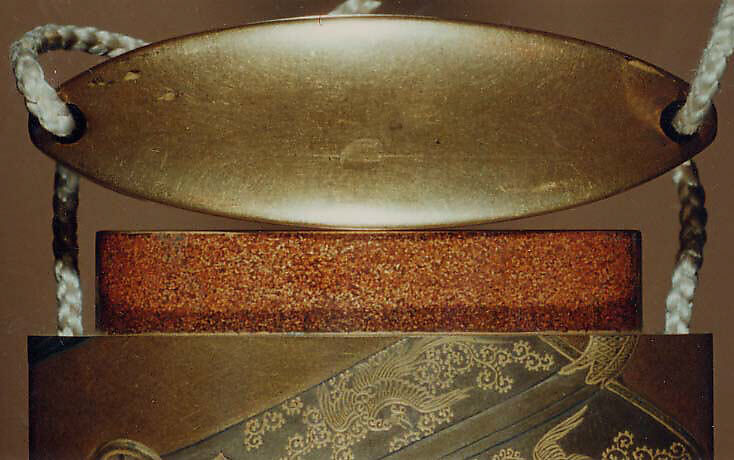 Case (Inrō) with Design of Imperial Cart and Flying Herons (obverse); Court Carriage and Flying Herons (reverse), Kajikawa School, Gold and silver maki-e with mother-of-pearl inlay and black lacquer; Ojime: agate bead; Netsuke: metal king of hell, Japan