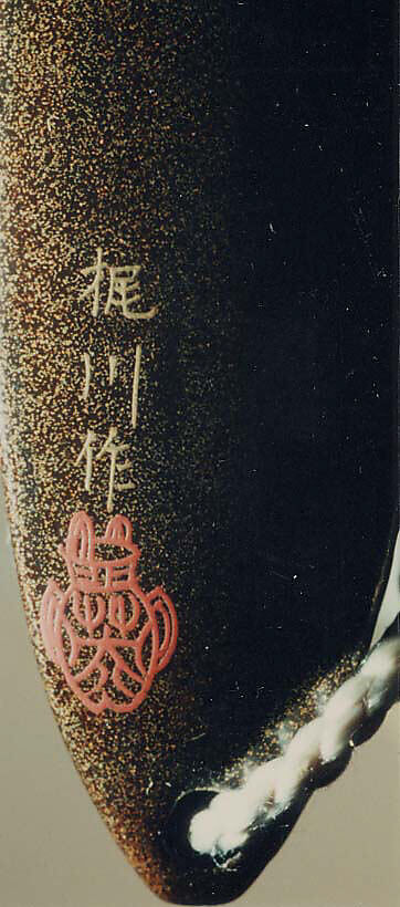 Case (Inrō) with Design of Imperial Cart and Flying Herons (obverse); Court Carriage and Flying Herons (reverse), Kajikawa School, Gold and silver maki-e with mother-of-pearl inlay and black lacquer; Ojime: agate bead; Netsuke: metal king of hell, Japan