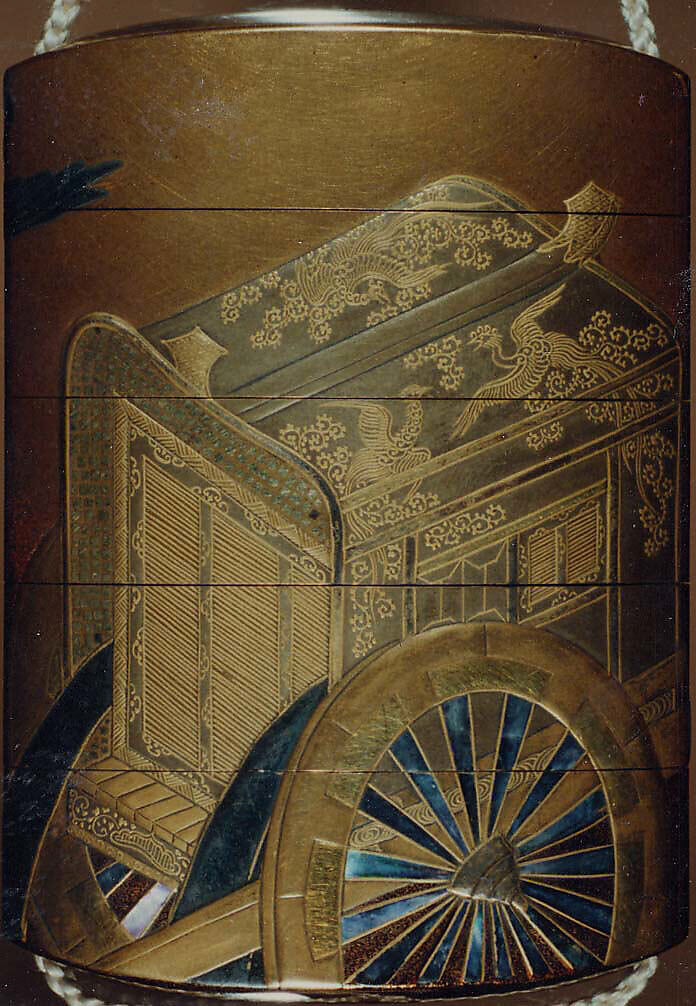Case (Inrō) with Design of Imperial Cart and Flying Herons (obverse); Court Carriage and Flying Herons (reverse), Kajikawa School, Gold and silver maki-e with mother-of-pearl inlay and black lacquer; Ojime: agate bead; Netsuke: metal king of hell, Japan