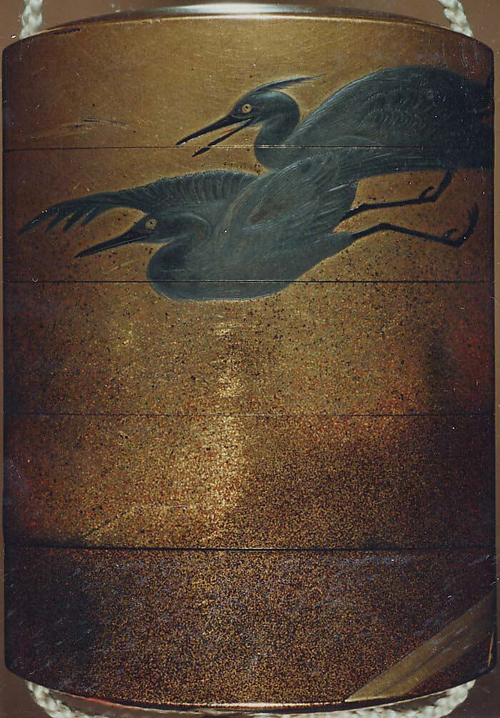 Case (Inrō) with Design of Imperial Cart and Flying Herons (obverse); Court Carriage and Flying Herons (reverse), Kajikawa School, Gold and silver maki-e with mother-of-pearl inlay and black lacquer; Ojime: agate bead; Netsuke: metal king of hell, Japan