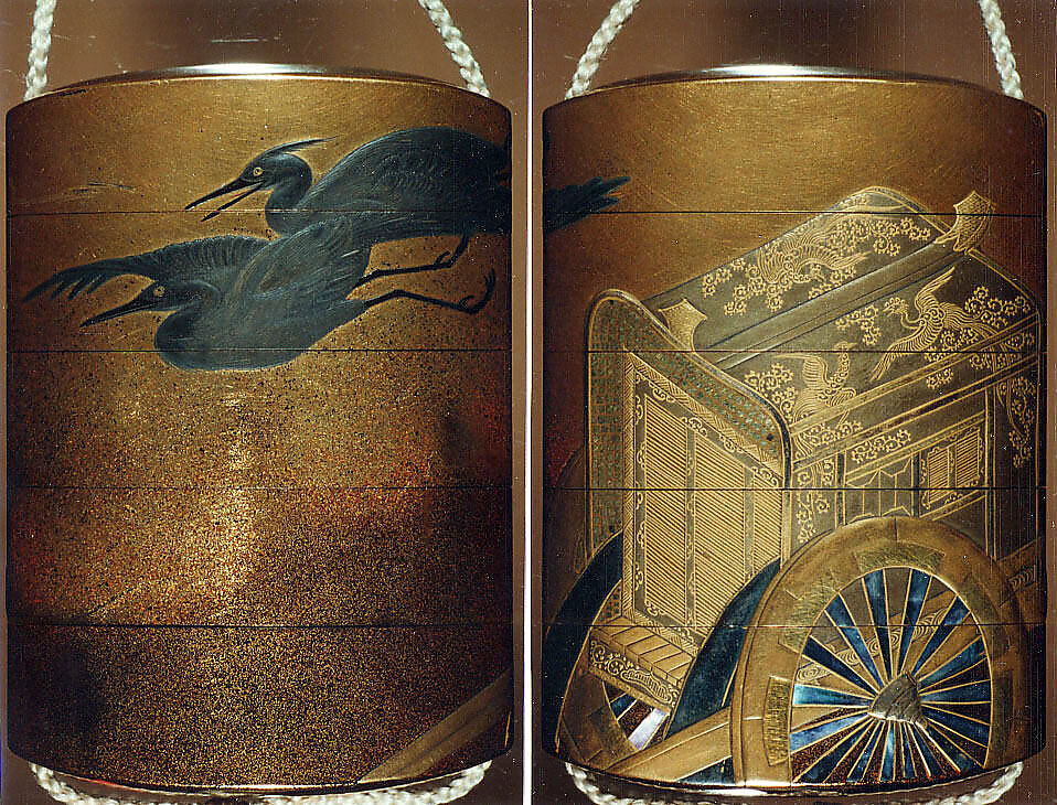 Case (Inrō) with Design of Imperial Cart and Flying Herons (obverse); Court Carriage and Flying Herons (reverse), Kajikawa School, Gold and silver maki-e with mother-of-pearl inlay and black lacquer; Ojime: agate bead; Netsuke: metal king of hell, Japan 