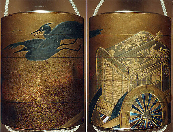 Case (Inrō) with Design of Imperial Cart and Flying Herons (obverse); Court Carriage and Flying Herons (reverse)