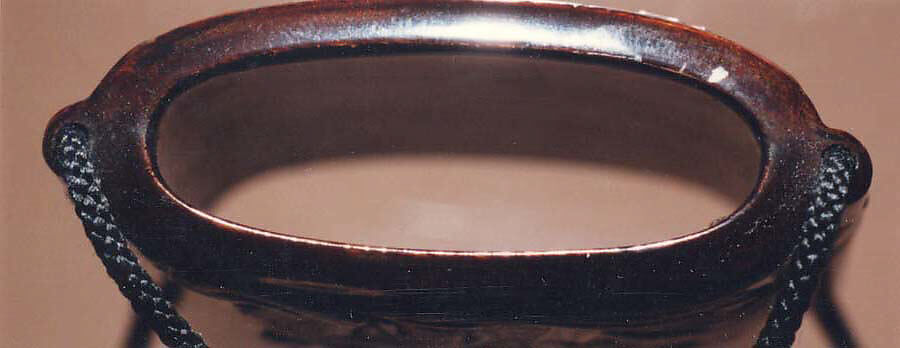 Case (Inrō) with Design of Six Immortal Poets, Kajikawa School, Gold and silver maki-e with black and red lacquer relief and mother-of-pearl inlay; Ojime: bronze Bodhidharma; Netsuke: carved lacquer Chinese children and auspicious symbols, Japan