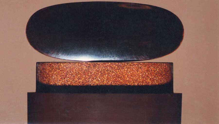 Case (Inrō) with Design of Six Immortal Poets, Kajikawa School, Gold and silver maki-e with black and red lacquer relief and mother-of-pearl inlay; Ojime: bronze Bodhidharma; Netsuke: carved lacquer Chinese children and auspicious symbols, Japan