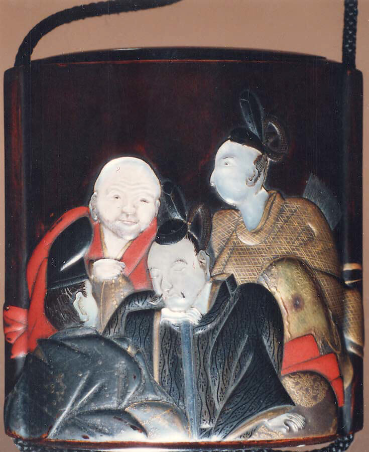 Case (Inrō) with Design of Six Immortal Poets, Kajikawa School, Gold and silver maki-e with black and red lacquer relief and mother-of-pearl inlay; Ojime: bronze Bodhidharma; Netsuke: carved lacquer Chinese children and auspicious symbols, Japan