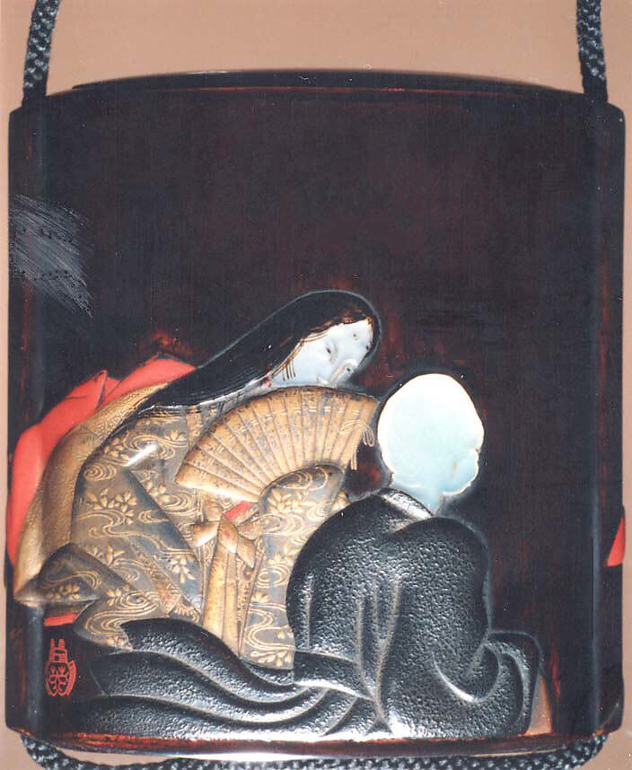 Case (Inrō) with Design of Six Immortal Poets, Kajikawa School, Gold and silver maki-e with black and red lacquer relief and mother-of-pearl inlay; Ojime: bronze Bodhidharma; Netsuke: carved lacquer Chinese children and auspicious symbols, Japan