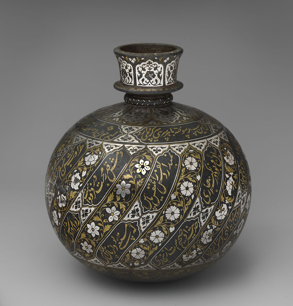 Base for a Water Pipe (Huqqa) with Poetry and Flowers, Zinc alloy; cast, engraved, inlaid with silver and brass (bidri ware)