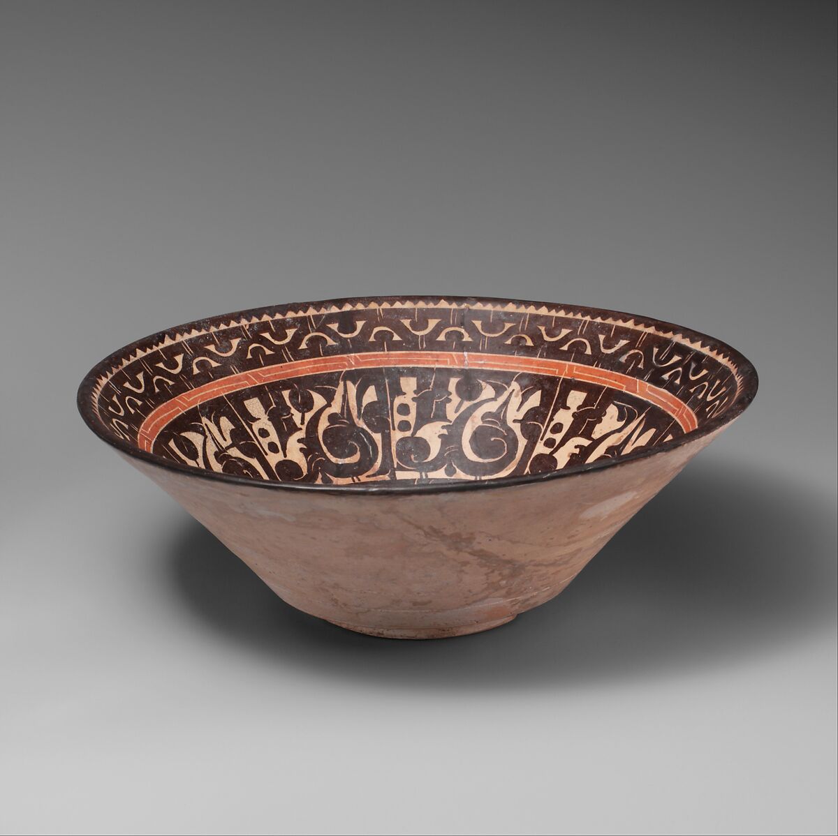 Bowl with Pseudo-Inscriptional Design, Earthenware; white slip with polychrome slip decoration under transparent glaze 