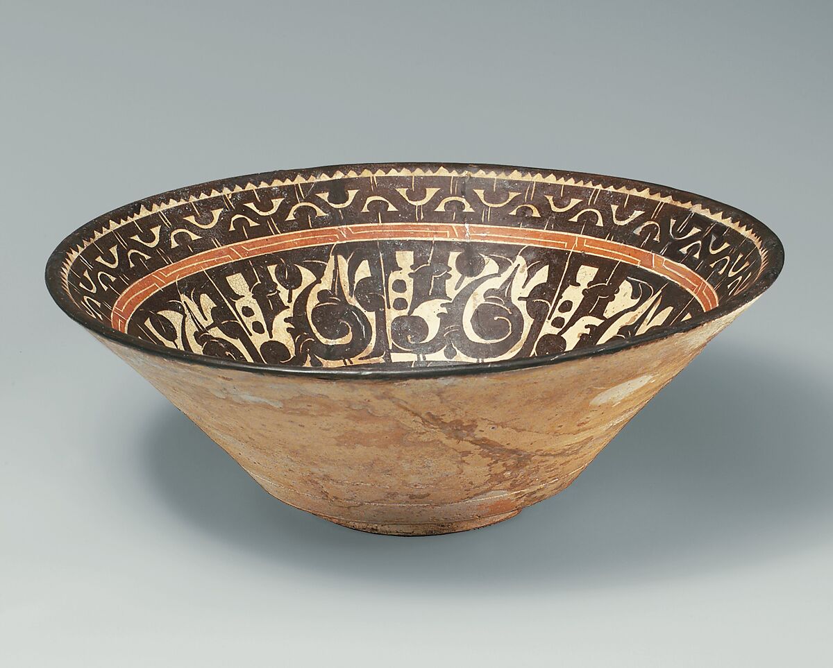 Bowl with Pseudo-Inscriptional Design, Earthenware; white slip with polychrome slip decoration under transparent glaze