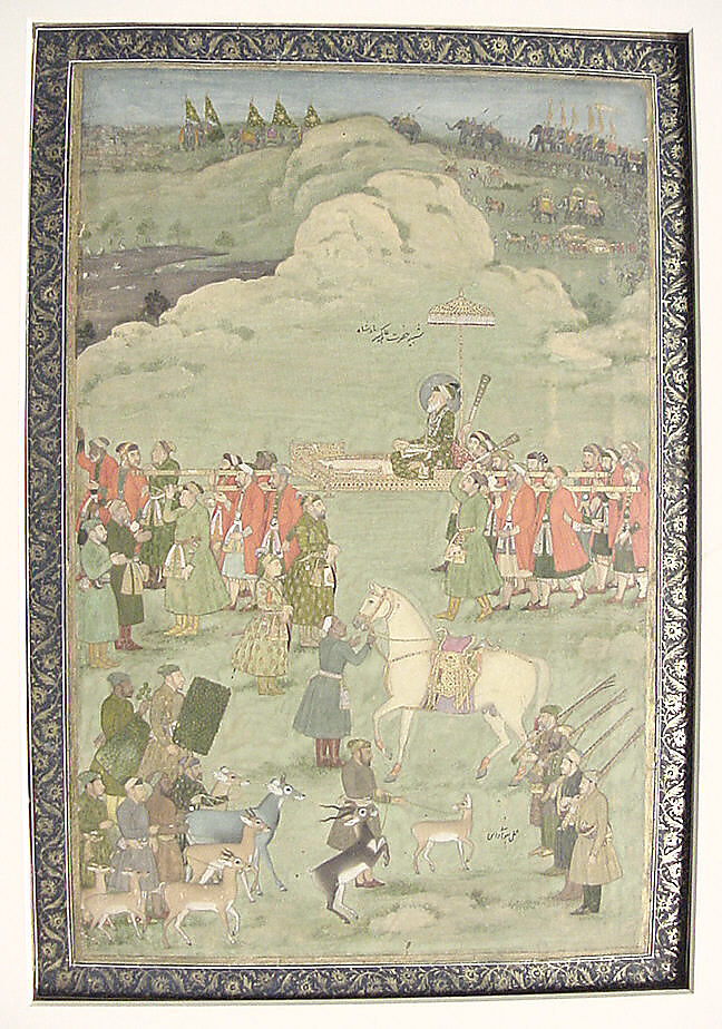 The Emperor Aurangzeb Carried on a Palanquin, Painting by Bhavanidas (active ca. 1700–1748), Opaque watercolor and gold on paper