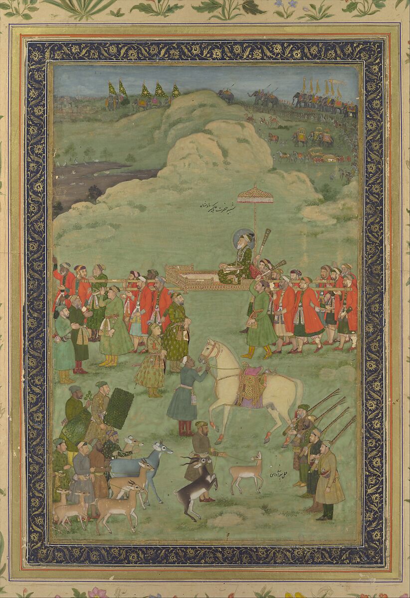 The Emperor Aurangzeb Carried on a Palanquin, Painting by Bhavanidas (active ca. 1700–1748), Opaque watercolor and gold on paper 