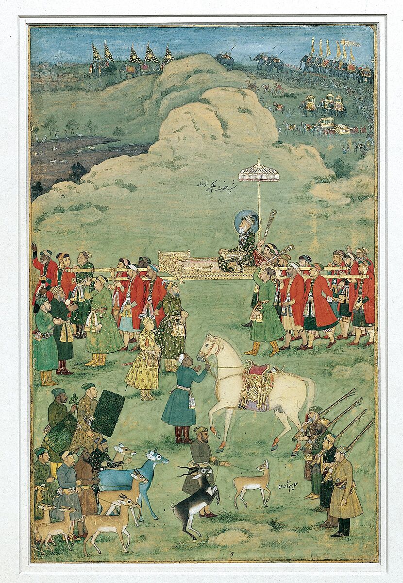 The Emperor Aurangzeb Carried on a Palanquin, Painting by Bhavanidas (active ca. 1700–1748), Opaque watercolor and gold on paper
