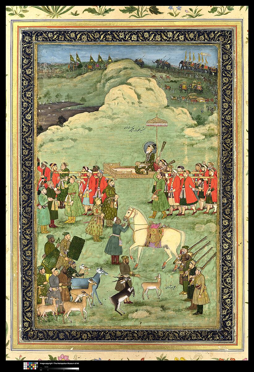 The Emperor Aurangzeb Carried on a Palanquin, Painting by Bhavanidas (active ca. 1700–1748), Opaque watercolor and gold on paper