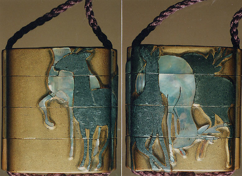 Case (Inrō) with Design of Standing Deer, After Ogata Kōrin (Japanese, 1658–1716), Gold lacquer with mother-of-pearl and pewter inlay
Ojime: carnelian bead
Netsuke: carved wood deer, Japan 