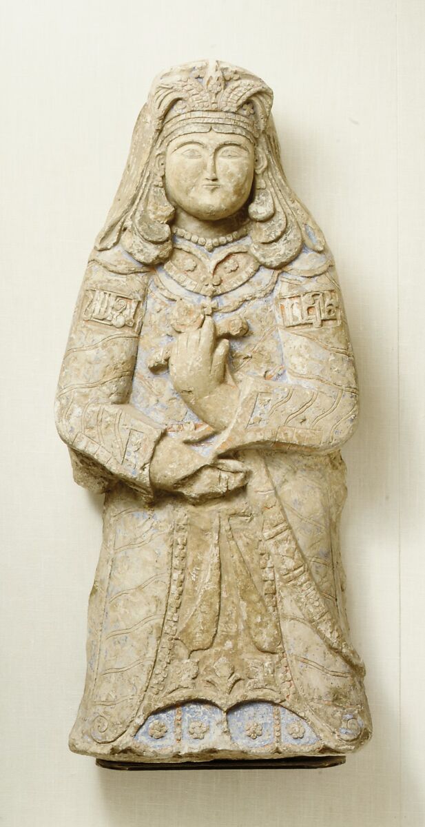Standing Figure with Feathered Headdress, Gypsum plaster; modeled, carved, polychrome-painted, gilded