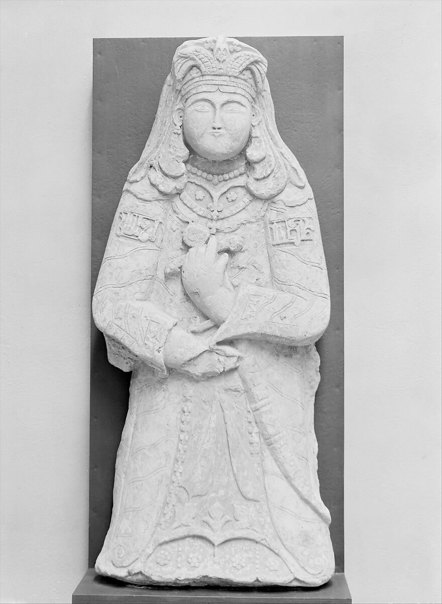 Standing Figure with Feathered Headdress, Gypsum plaster; modeled, carved, polychrome-painted, gilded