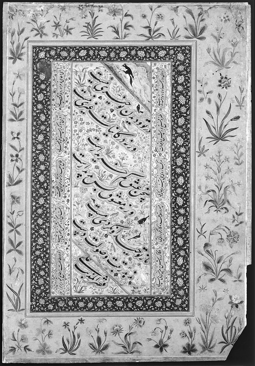 "Spotted Forktail", Folio from the Shah Jahan Album, Painting by Abu'l Hasan (Indian, born ca. 1588/89, active 1600–1628), Ink, opaque watercolor, and gold on silk